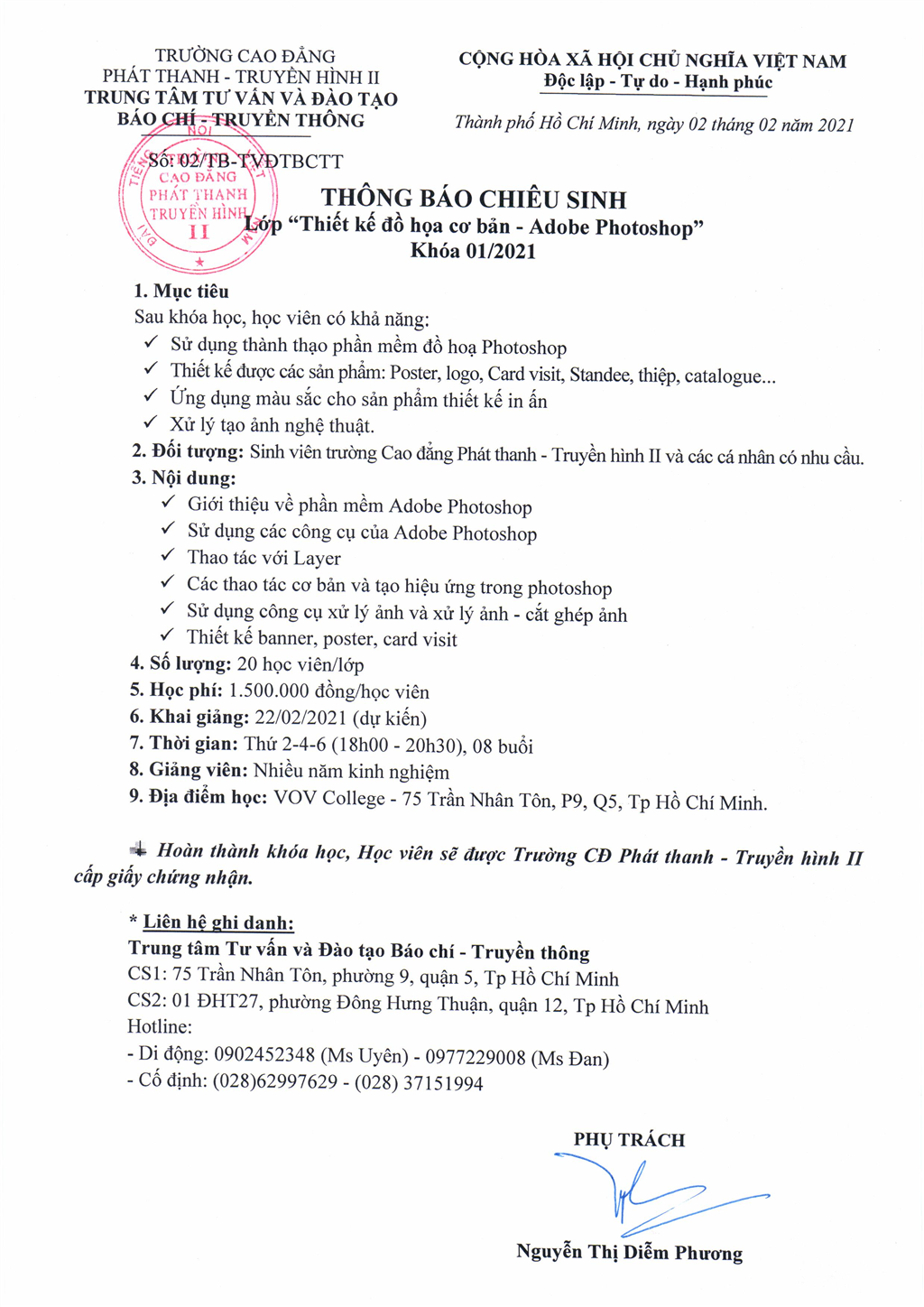 Thông báo chiêu sinh lớp 